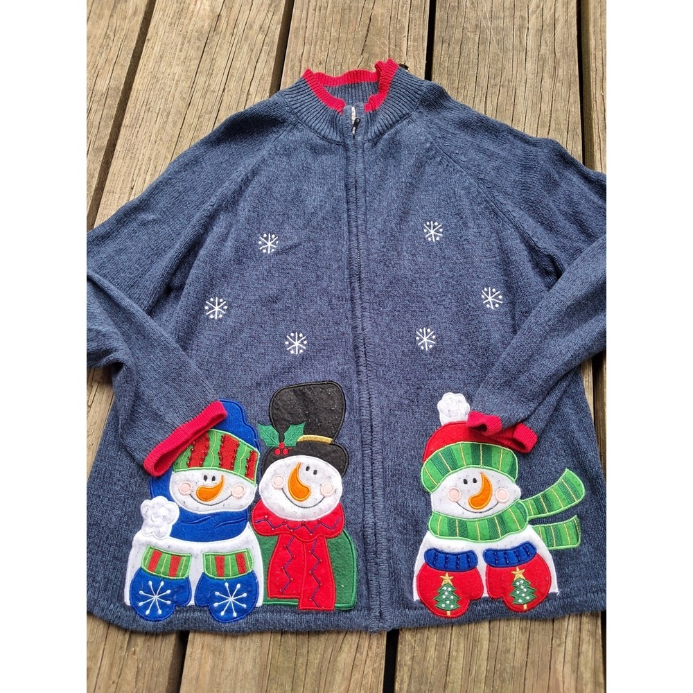 90S Tiara Int SNOWMAN EMBELLISHED BLUE M  ZIP UP UGLY CHRISTMAS CARDIGAN C4